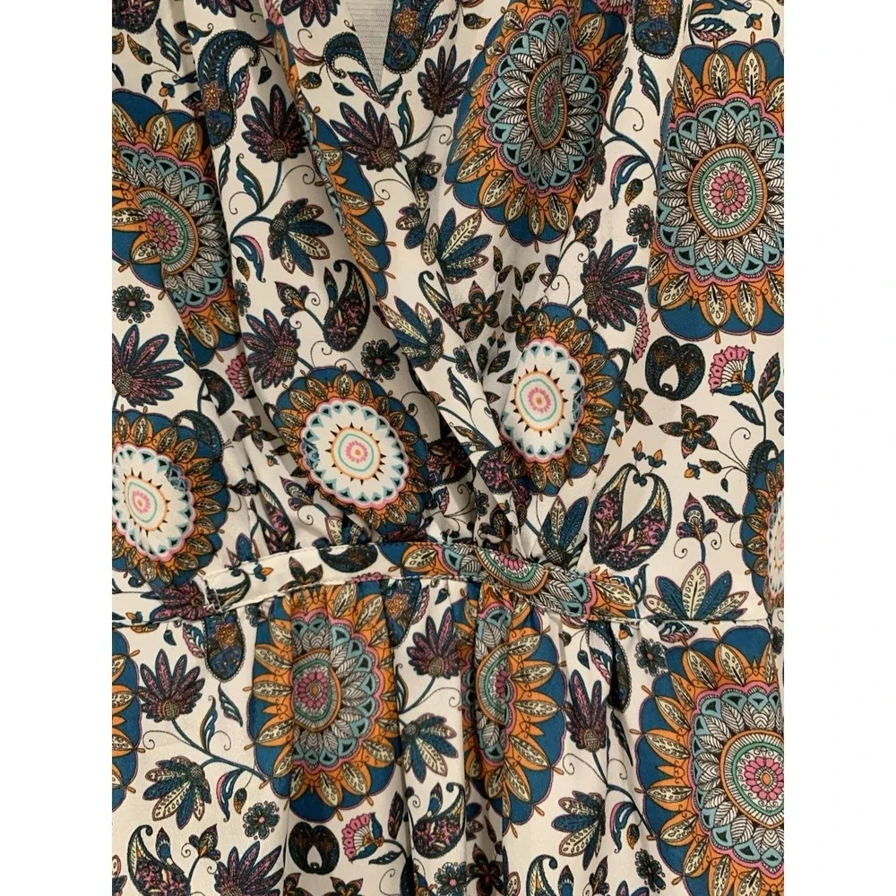 Boho Mandala Paisley Maxi Dress‎ Blue Orange Floral Wrap Faux Surplice M? L?